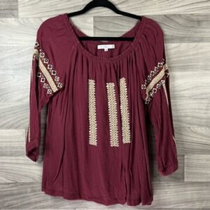 Fever Womens Blouse Red 3/4 Sleeve Off Shoulder Embroidered Boho Beaded Modest M